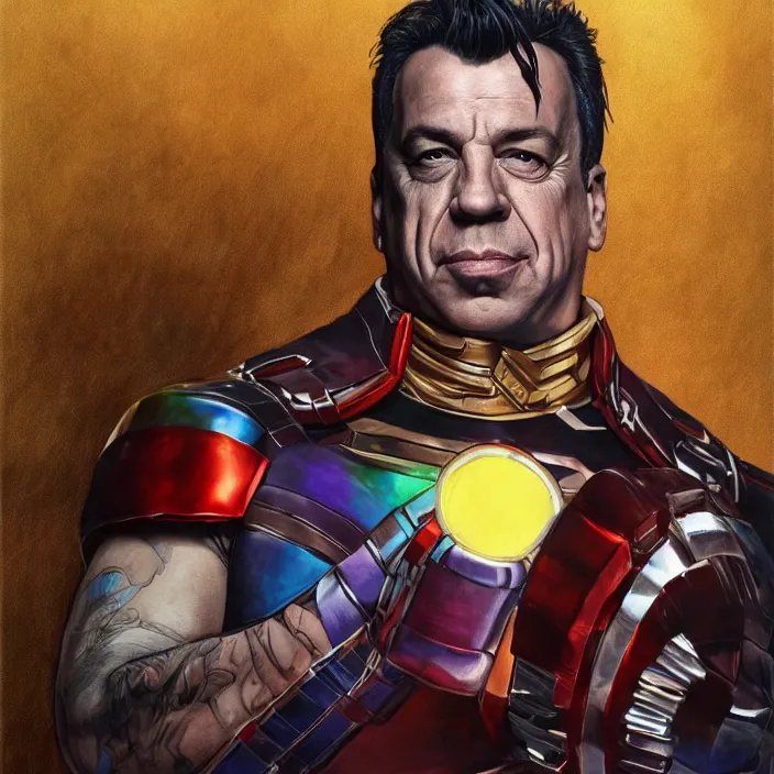 Prompt: portrait of till Lindemann, wearing The Infinity Gauntlet. Caricature artwork. trending on artstation, very coherent symmetrical artwork. avengers. thanos. cinematic, hyper realism, high detail, newspaper illustration, iridescent accents