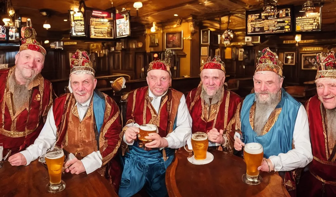 Image similar to the three wise men in period regal clothing in a wetherspoons pub having a pint