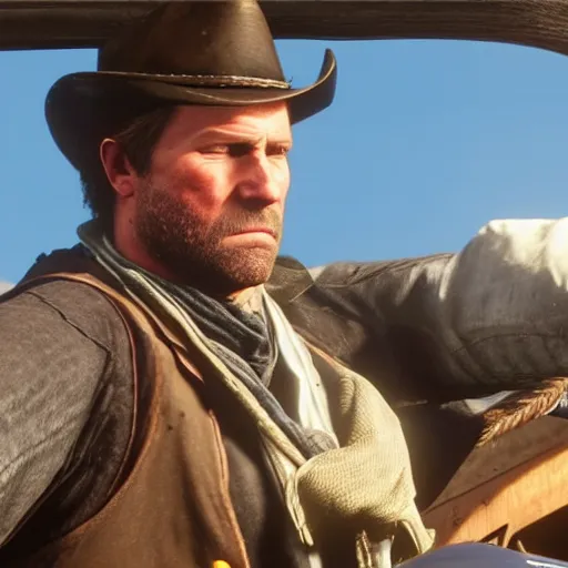 Image similar to arthur morgan from red dead redemption 2 driving a car realistic