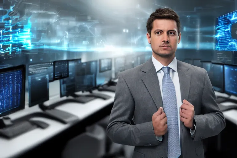Image similar to a man in gray corporate suit standing in dark in front of supercomputer with many monitors and displays, one monitor with the skynet logo, photorealistic, highly detailed, 4 k, hd