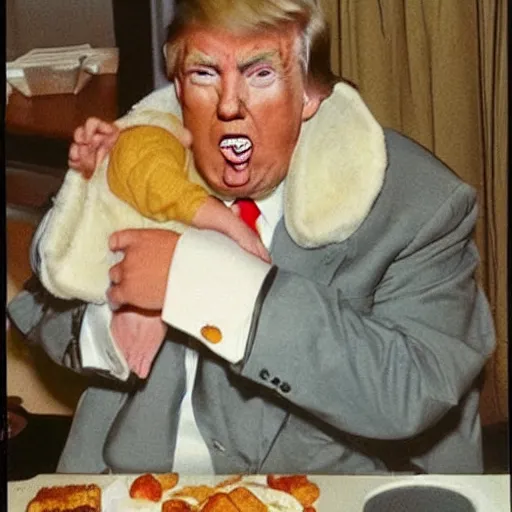 Image similar to Donald trump as a man baby crying, sitting in a high chair, because his mom is with holding a plate chicken nuggets, mannerism,