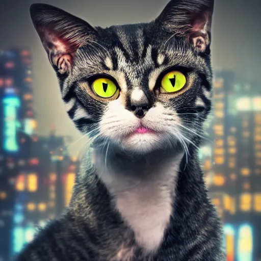 Image similar to portrait of a cute cyberpunk cat, realistic, futuristic, robot, professional photography