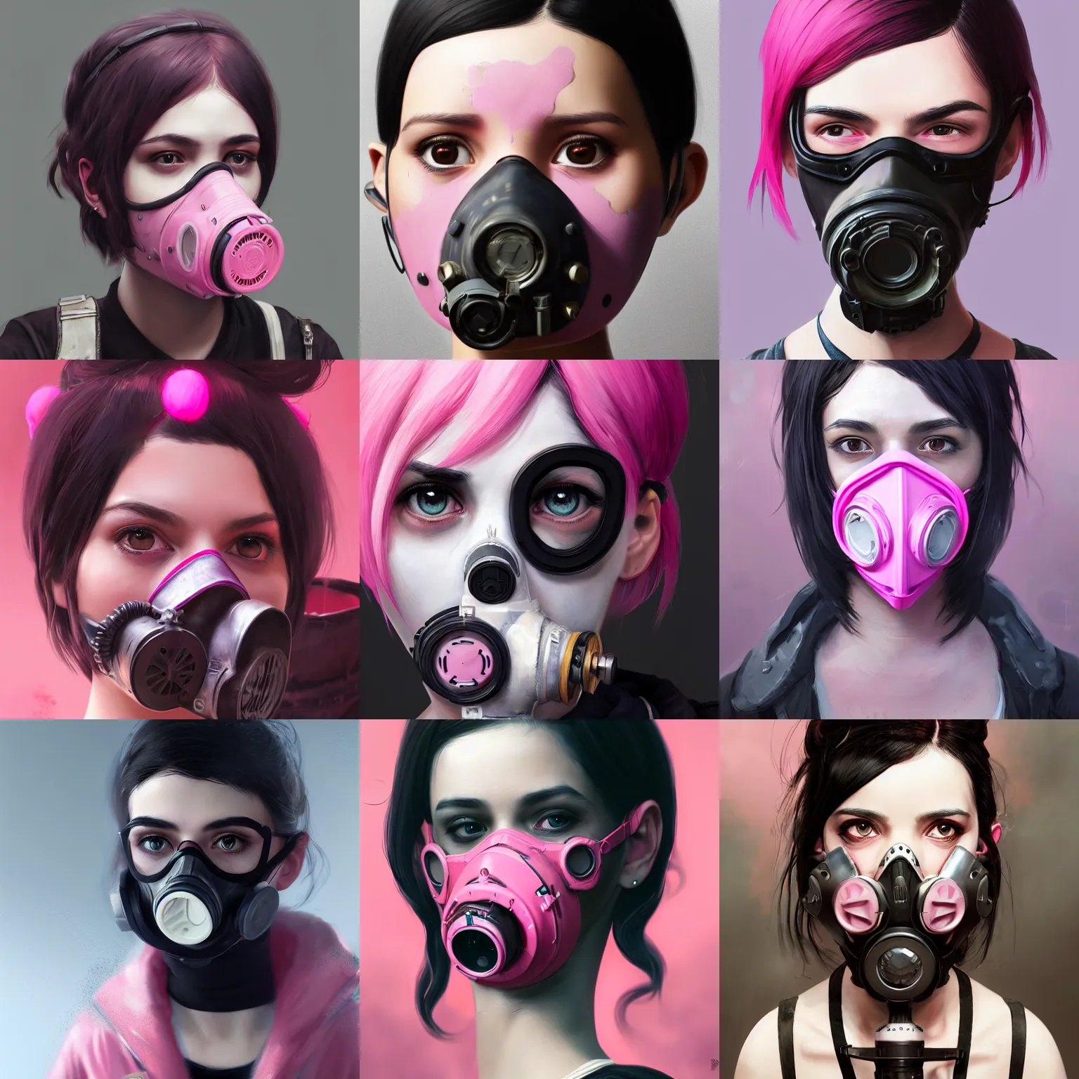 Prompt: a girl with pink and black hair wearing a gas mask, digital art, 8 k resolution, unreal engine, highly detailed, very detailed eyes, photorealistic by wlop, greg rutkowski