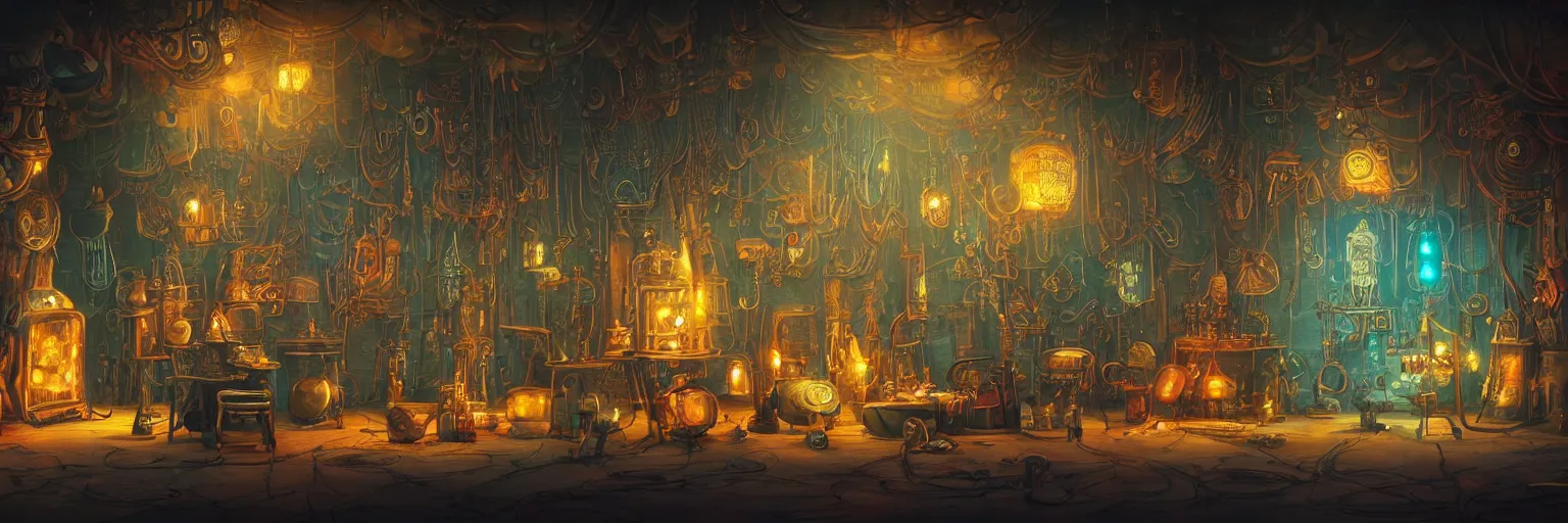 Prompt: a beautiful painting of a tapestry of a dream, ultra detailed, dark, steampunk, moody, candles, neon signs, infographic, characters from machinarium, by don bluth, trending on artstation, octane render