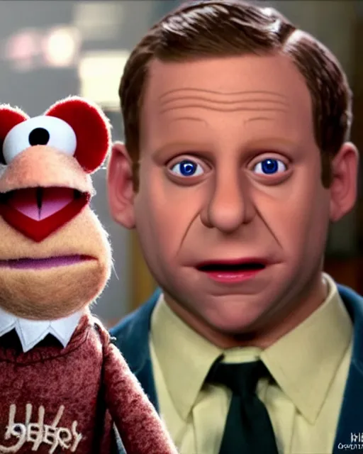 Image similar to tobey flenderson as a muppet. highly detailed felt. hyper real photo. 4 k.