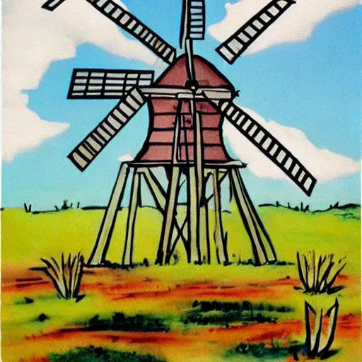 Prompt: painting of a windmill by dr seuss | horror themed | creepy