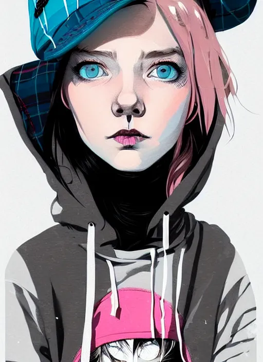 Prompt: highly detailed portrait of an american sewer punk lady student, blue eyes, tartan hoody, hat, white hair by ( ( atey ghailan ) ), by greg tocchini, by kaethe butcher, by james gilleard, gradient pink, black, brown, cream and light blue color scheme, grunge aesthetic!!! ( ( graffiti tag wall ) )