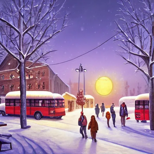 Prompt: winter town centre inspired by Evgeny Lushpin, Peter Zumthor,bus,people walking winter sunset,full moon,p