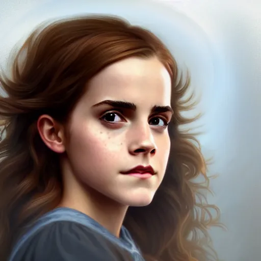 Image similar to Emma Watson as Hermione Granger. Happy. Cheerful. Smiling. Western. Closeup. Fantasy. Intricate Elegant. Highly detailed. Digital painting. Artstation. Concept art. Matte. Sharp focus. Illustration. 4K. Art by William-Adolphe Bouguereau.