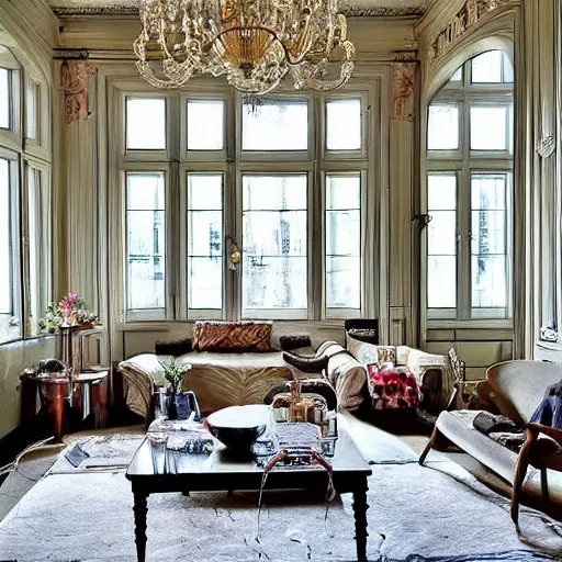 Prompt: a living room filled with furniture and lots of windows, featured on pexels, hall of mirrors