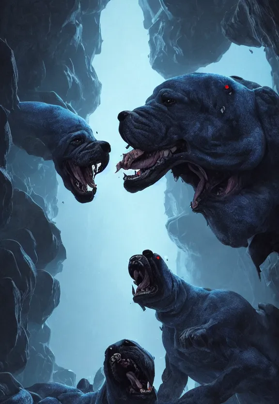 Prompt: three lovecraftian rabies mastiffs attacking inside a claustrophobic dark blue canyon of stone, foaming at the mouth, like ink in water, reflective eyes, monsters, digital art, greg rutkowski, unreal engine, octane render, cinematic lighting, highly detailed