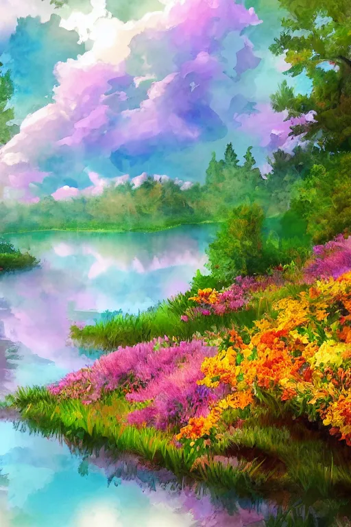 Prompt: beautiful digital watercolor painting of fantasy lake with flowers and trees and candy cloud sky watercolor summer day greg rutkowki artstation