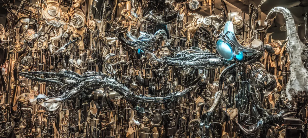 Prompt: Journalistic photography from great exhibition room with thousands of different detail crafted mechanical alien gadgets and weapons,details, realistic colorful photography