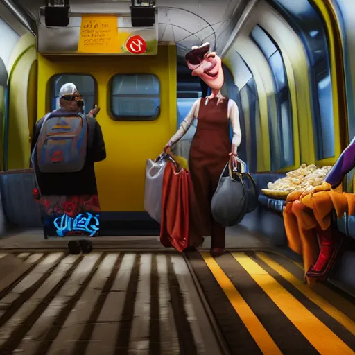 Prompt: a vendor selling goodies on the train, designed by peter andrew jones and pixar, photorealistic, 3 d render, award winning render, unreal engine, octane render, studio lighting, 8 k, hd