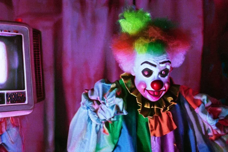 Image similar to cute clown in clowncore funhouse, fractal, in 1 9 9 2, y 2 k cutecore clowncore, low - light photography, bathed in the glow of a crt monitor, still from a ridley scott movie