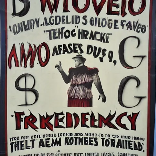 Prompt: banner advertising a side show, freak show advertisement, hand - painted banner, creepy, 1 9 3 0 circus poster