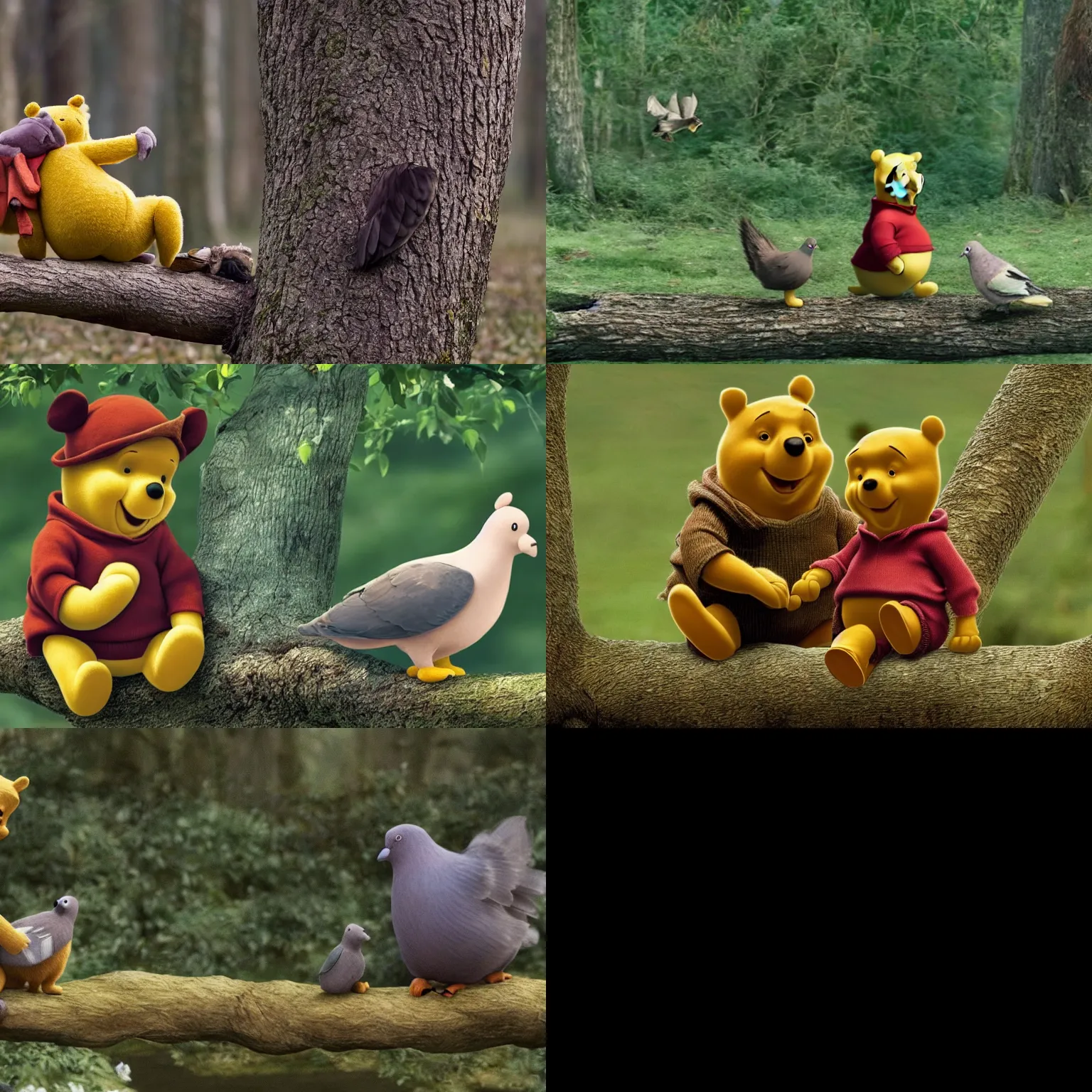 Prompt: A still of Winnie the Pooh in A Pigeon Sat on a Branch Reflecting on its Existence (2014), 4k, high quality, extremely detailed, directed by Roy Andersson,