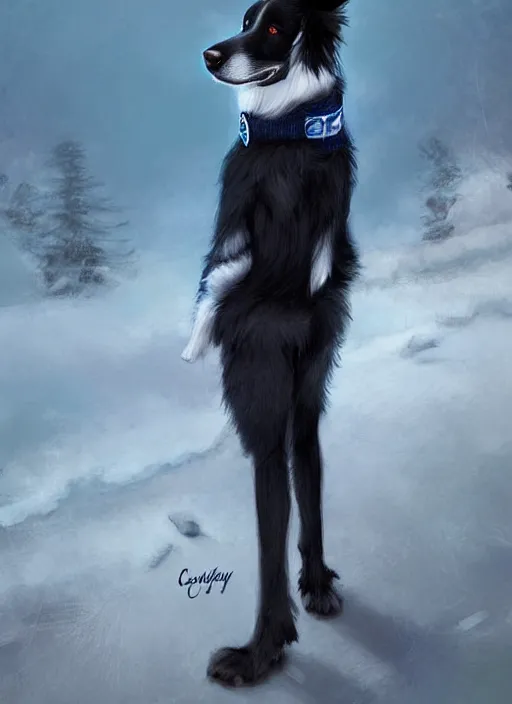 Image similar to full body digital painting of a cute male anthropomorphic border collie fursona wearing a blue dog collar and black jacket and standing outside, furaffinity, intricate, elegant, beautiful, realistic proportions, highly detailed, scenic background, trending on artstation, art by charlie bowater and henry asencio and and ross tran