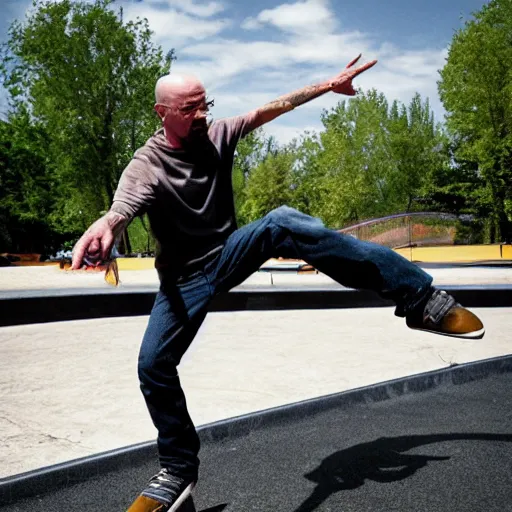 Prompt: Walter White doing skate tricks at the park