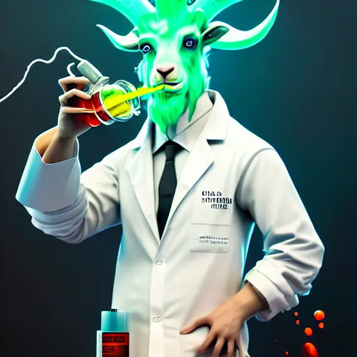 Image similar to a mad scientist goat in lab coats mixing acids, digital art, trending on artstation and unreal engine, deviantart, smooth, hyper detailed, award - winning, hd