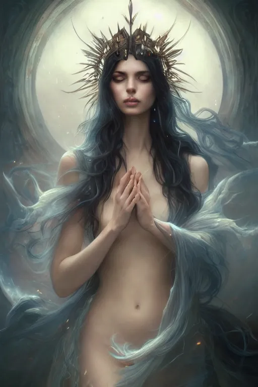 Image similar to seductive looking sorceress prays!!! magic the gathering, windy hair!, surreal dark fantasy, cinematic volumetric lights, portrait, dnd, intricate, elegant, highly detailed, digital painting, artstation, concept art, smooth, sharp focus, illustration, art by artgerm and tom bagshaw and greg rutkowski and alphonse mucha