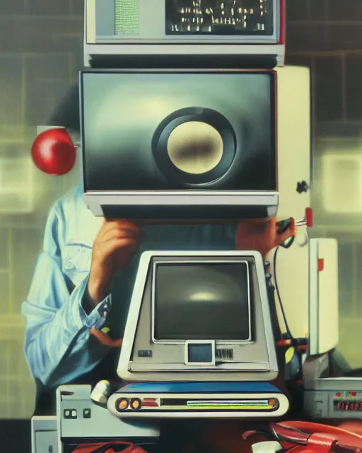 Image similar to a chrome face observing 8 0 s era technology, vintage shapes, retro technology, vintage color, wayne barlow, oil on canvas, deep depth of field, masterpiece, cinematic composition, hyperdetailed