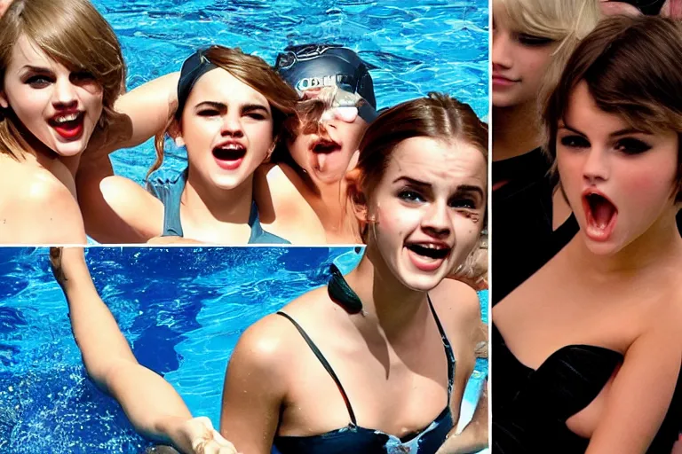 Image similar to emma watson and taylor swift and selena gomez swim together. perfect faces.