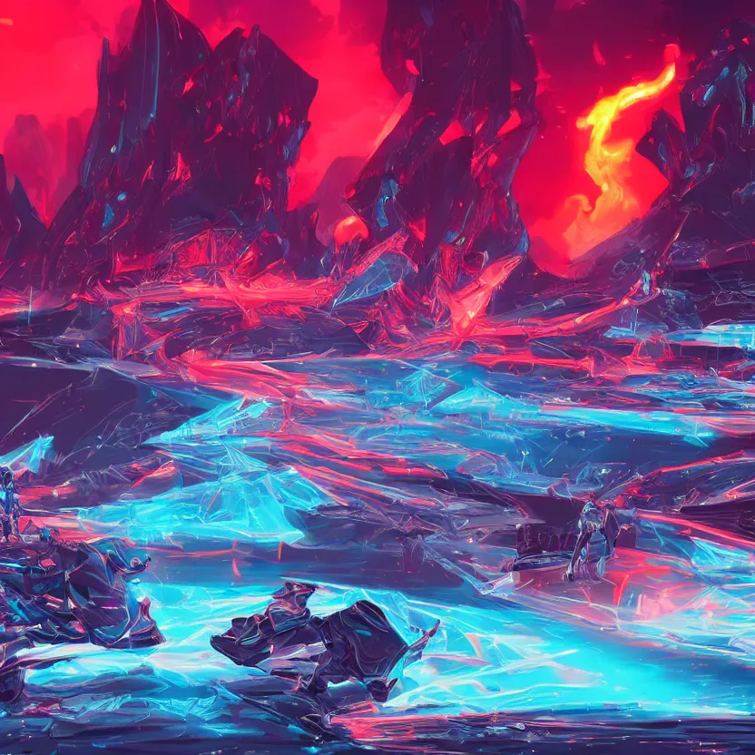 Prompt: explosions of ice and fire, retrowave epic art, trending on art station