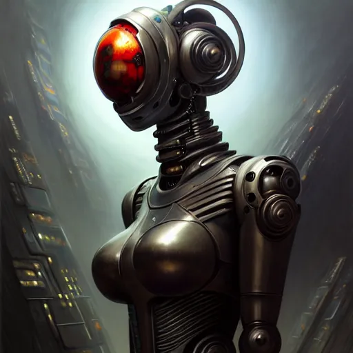 Image similar to front shot of a cyberpunk gazmask robot character, intricate, elegant, highly detailed, centered, digital painting, artstation, concept art, smooth, sharp focus, illustration, artgerm, Tomasz Alen Kopera, Peter Mohrbacher, donato giancola, Joseph Christian Leyendecker, WLOP, Boris Vallejo