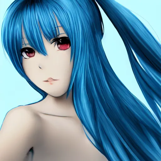 Image similar to very beautiful anime girl, blue hair, by Tran Ross