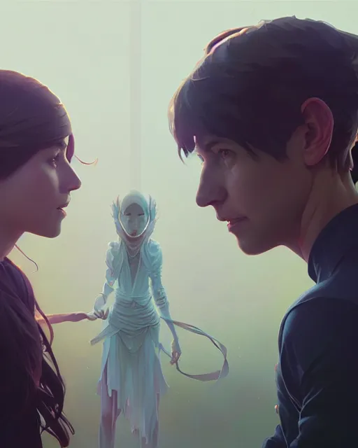 Image similar to highly detailed vfx portrait of a magic bond, unreal engine, greg rutkowski, loish, rhads, beeple, makoto shinkai and lois van baarle, ilya kuvshinov, rossdraws, tom bagshaw, alphonse mucha, global illumination, detailed and intricate environment