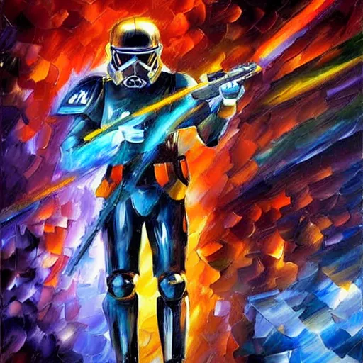 Image similar to A Neon Dark Trooper scanning a room with pulsating laser, artwork by Leonid Afremov