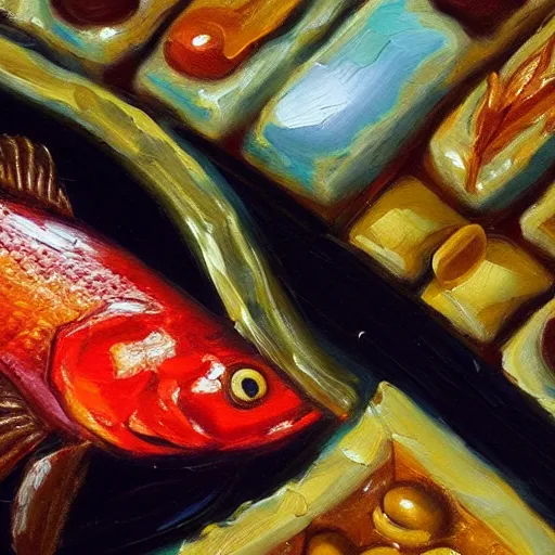 Image similar to a detailed oil painting of a fish above a chocolate bar