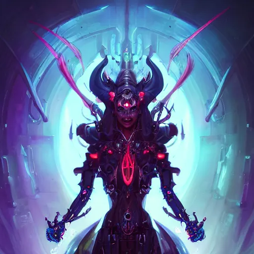 Image similar to a portrait of a beautiful demonic cybernetic queen of hell, cyberpunk concept art by pete mohrbacher and wlop and artgerm and josan gonzales, digital art, highly detailed, intricate, sci-fi, sharp focus, Trending on Artstation HQ, deviantart, unreal engine 5, 4K UHD image