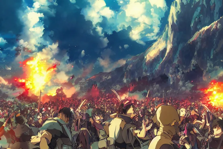 Prompt: cell shaded anime key visual of a fantasy battlefield, lots of explosions, crowds of people, magic spells, in the style of studio ghibli, moebius, makoto shinkai, dramatic lighting