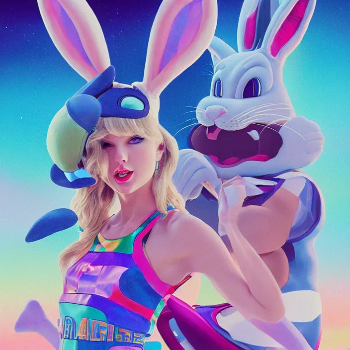 Image similar to portrait of Taylor Swift as Lola Bunny in Space Jam 1996. bunny ears. intricate abstract. intricate artwork. by Tooth Wu, wlop, beeple, dan mumford. octane render, trending on artstation, greg rutkowski very coherent symmetrical artwork. cinematic, hyper realism, high detail, octane render, 8k, iridescent accents