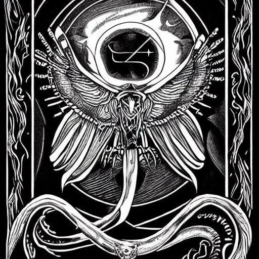Image similar to three eyed raven as ouroboros mystic occult illustration for tattoo, symbolism mythos, highly detailed line drawing, design concepts