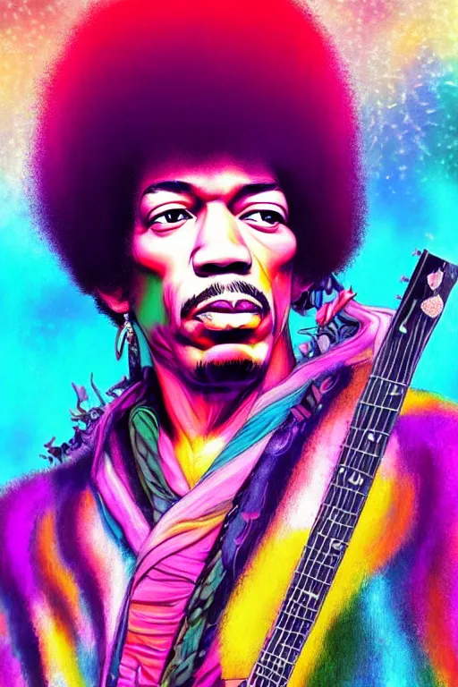 Image similar to jimi hendrix, photorealistic face 4 k digital paint by studio ghibli hayao miyazaki. vivid colours, vaporwave lighting style, very sharp and detailed. trending on artstation and behance.