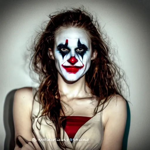 Image similar to photographic Close-up portrait of a beautiful girl with clear eyes and light brown hair , illuminated by single light source, Low-key lighting, dramatic, high-contrast light dark, High constrast, dramatic , volumetric light,light and color in the style of Joker movie,dark background, high quality,photo-realistic, 8K,-H 704