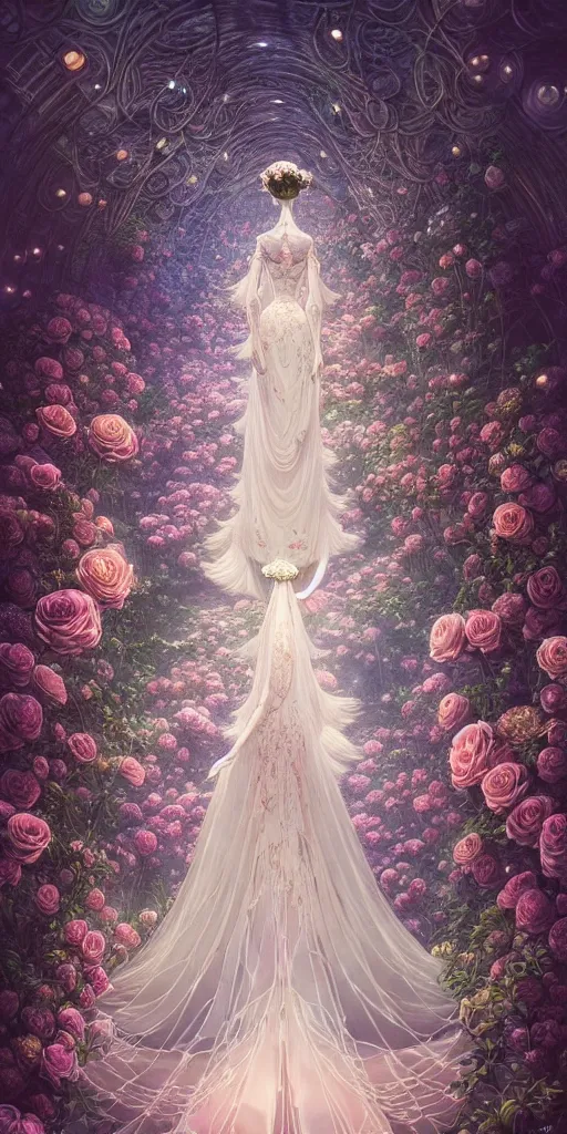 Image similar to the beautiful hyper detailed of a rose wedding dress clothing design display in the fairyland, in the style of makoto shinkai victo ngai and peter mohrbacher studio ghibli artgerm karol bak beeple, animation style, 8 k hd, dream, animation style, 3 drender, hyperdetailed