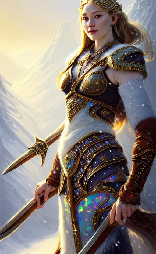 Image similar to opal viking warrior, regal, elegant, winter, snow, beautiful, stunning, hd, illustration, epic, d & d, fantasy, intricate, elegant, highly detailed, wide angle, digital painting, artstation, concept art, smooth, sharp focus, illustration, wallpaper, art by artgerm and greg rutkowski and alphonse mucha and jin xiaodi