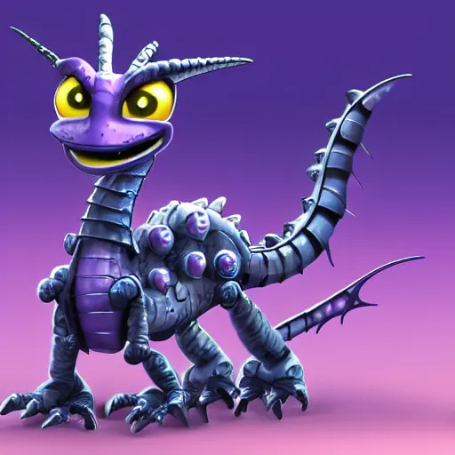 Image similar to very cute small purple robototechnic dragon with well-designed head and four legs, Spyro,Disney, digital art