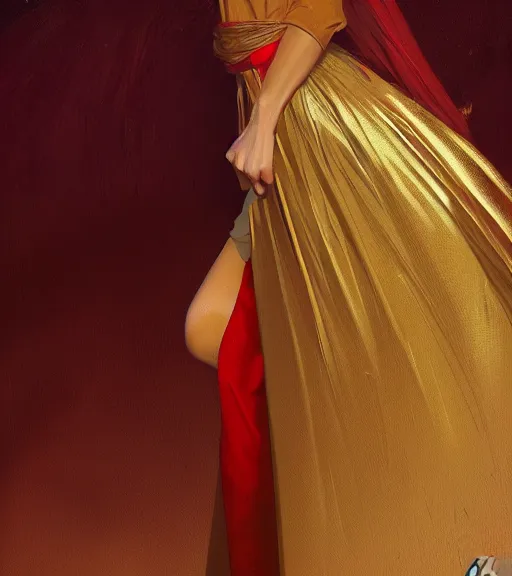 Prompt: a woman wearing a golden skirt and a red shirt, highly detailed, digital painting, artstation, concept art, smooth, sharp focus, illustration, art by artgerm and greg rutkowski and alphonse mucha, beautiful composition