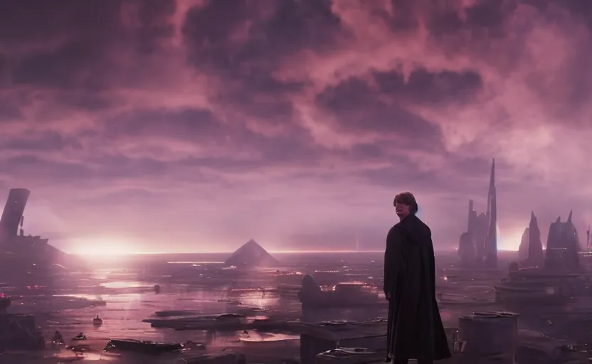 Prompt: iconic wide cinematic screen shot of luke skywalker downtrodden standing with a view of coruscant at sunset, from the thrilling scene from the hbo succession, moody cinematography, foggy volumetric lighting, hyper detailed scene, anamorphic lenses 2 4 mm, lens flare, award winning