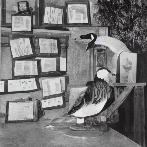 Image similar to a duck inventing the world's first computer, b & w photograph