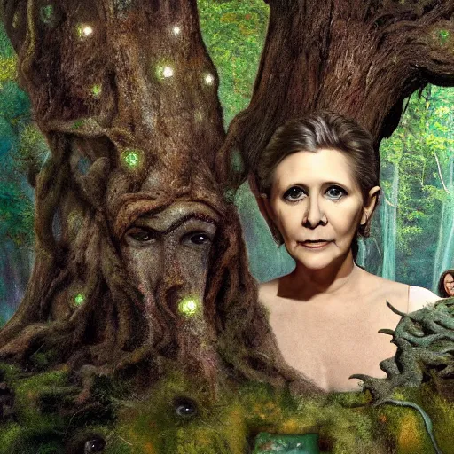Image similar to Portrait of Carrie Fisher as a dryad, characteristic sparkling green eyes, looking straight to the camera, illuminated for rays of light, behind her is an ancient forest full of life, by Annie Leibovitz, Ellie Victoria Gale and Steve McCurry, matte painting, oil painting, naturalism, 4k, 8k