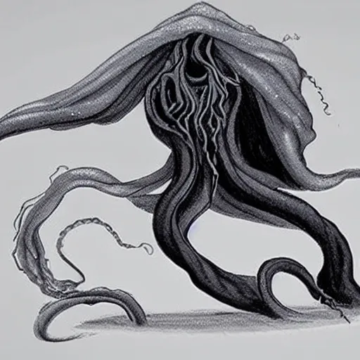 Prompt: concept designs for an ethereal wraith like figure made from dark wispy shadows with a squid like parasite latched onto its head and long tentacle arms that flow lazily but gracefully at its sides like a cloak while it floats around a frozen rocky tundra in the snow searching for lost souls and that hides amongst the shadows in the trees, this character has hydrokinesis and electrokinesis for the resident evil village video game franchise with inspiration from the franchise Bloodborne and the mind flayer from stranger things on netflix in the style of a marvel comic