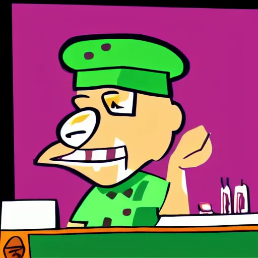 Prompt: extremely detailed illustration of a thin guy with a big nose and an overbite wearing a brown beret and a palid green plaid shirt stand up participating on a tv show, coloful, vibrant colors, trending artstationg, backlight, by genndy tartakovsky