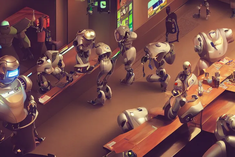 Image similar to robots socializing with each other at a local bar, octane render, rtx, unreal engine 5, digital painting, trending on artstation, highly detailed, epic composition, 8 k uhd
