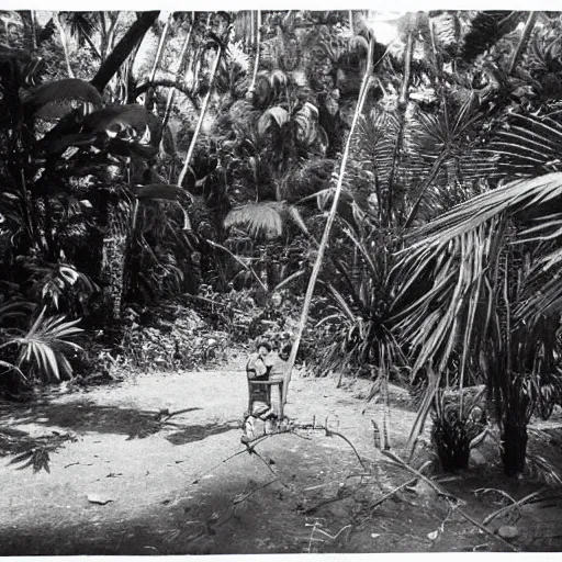 Image similar to a rizom lost film footage of a ( ( ( ( ( ( ( ( sphere ) ) ) ) ) ) ) ) in the middle of the tropical jungle / tropicalism / film still / cinematic / enhanced / 1 9 2 0 s / black and white / grain